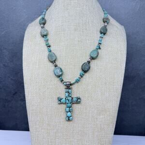 Vintage Blue Green Turquoise Sterling Silver Cross Pendant and Necklace 81 grams